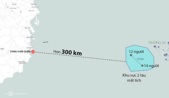 Khu vực hai tàu cá chở 26 người bị chìm. Đồ họa: Khánh Hoàng.