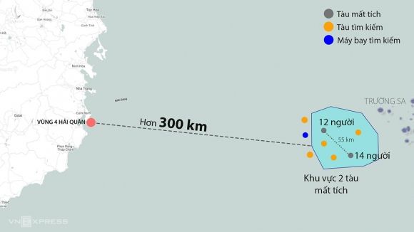 Khu vực hai tàu cá chở 26 người bị chìm và các lực lượng đang tìm kiếm. Đồ họa: Khánh Hoàng.
