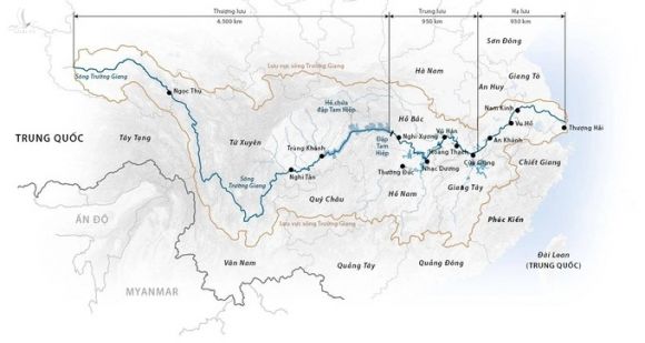 Lưu vực sông Trường Giang và vị trí đập Tam Hiệp ở tỉnh Hồ Bắc. Đồ họa: SCMP.