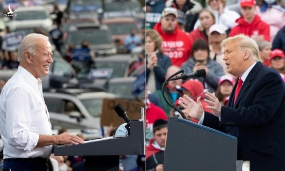 Tổng thống Mỹ Donald Trump (phải) và ứng viên tổng thống đảng Dân chủ Joe Biden trong các cuộc vận động ở Pennsylvania hôm 26/10 và Georgia hôm 27/10. Ảnh: AFP.
