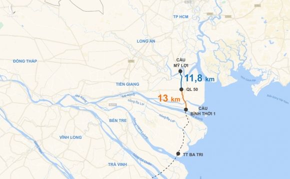 Tuyến đường ven biển kết nối miền Tây với TP HCM, trong đó đoạn qua Tiền Giang dài gần 25 km đã được Trung ương đồng ý chủ trương đầu tư. Đồ hoa: Thanh Huyền.