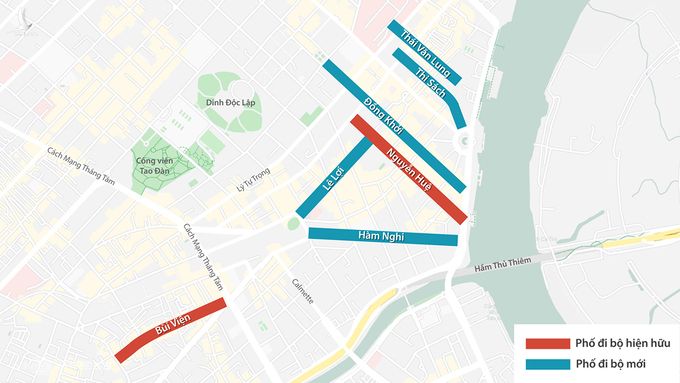 5 tuyến đường đi bộ đề xuất (màu xanh) và 2 phố hiện hữu (đỏ). Đồ họa:Thanh Huyền.