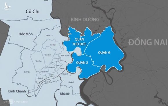 TP Thủ Đức (phần màu xanh dương) gồm các quận: 2, 9, Thủ Đức. Ảnh đồ họa: Thanh Huyền.