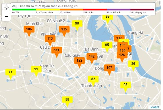 Chỉ số mức độ an toàn của không khí ở Hà Nội lúc 8h50 sáng 8/12. Ảnh: Cổng thông tin quan trắc môi trường Thủ đô