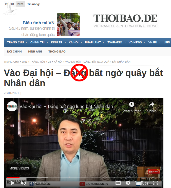 Thoibao.de xuyên tạc "Vào Đại hội - Đảng bất ngờ quây bắt Nhân dân"