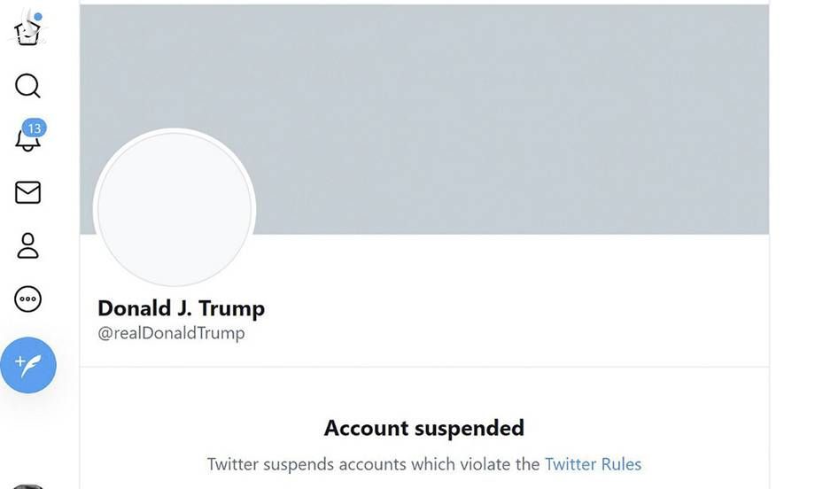Tài khoản Twitter của Trump bị đình chỉ. Ảnh chụp màn hình.