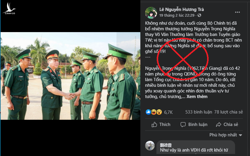Mạng xã hội rộ thông tin xuyên tạc liên quan Thượng tướng Nguyễn Trọng Nghĩa.