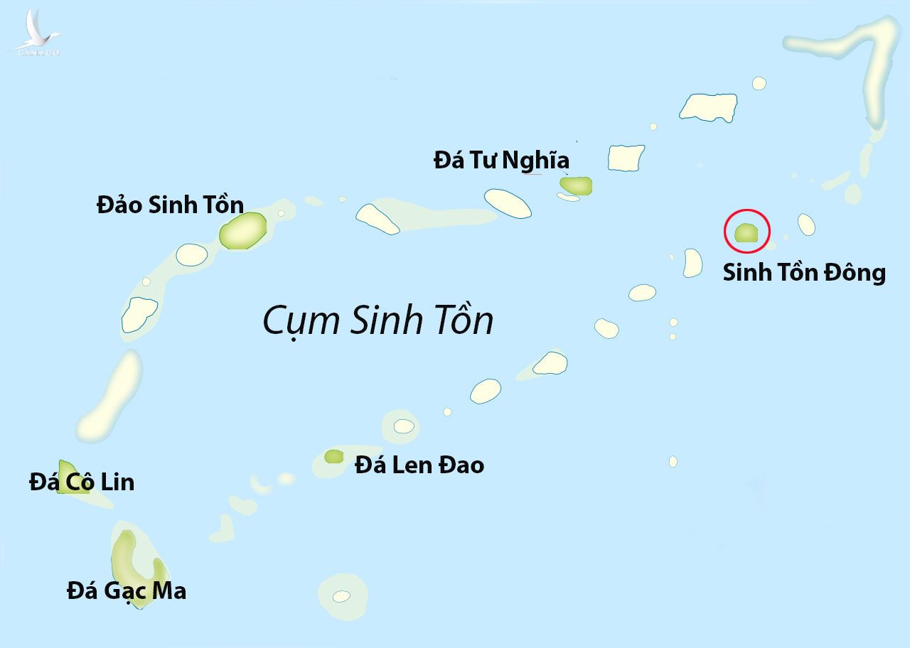 Vị trí đảo Sinh Tồn Đông (khoanh đỏ) thuộc cụm Sinh Tồn ở quần đảo Trường Sa. Đồ họa: Wikipedia/RobertJordan.