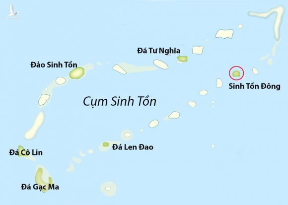 Vị trí đảo Sinh Tồn Đông (khoanh đỏ) thuộc cụm Sinh Tồn ở quần đảo Trường Sa. Đồ họa: Wikipedia/RobertJordan.