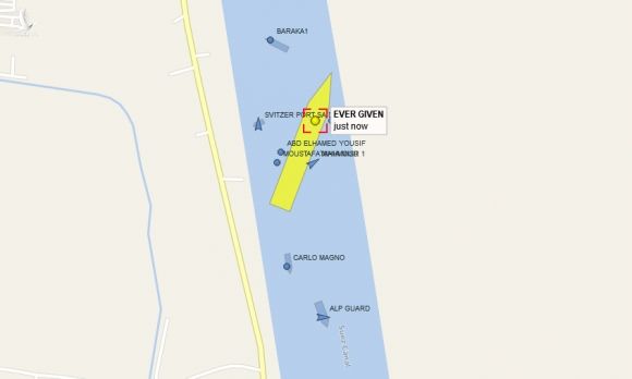 Vị trí tàu Ever Given khi bị gió thổi hôm 29/3. Ảnh: Vessel Finder.