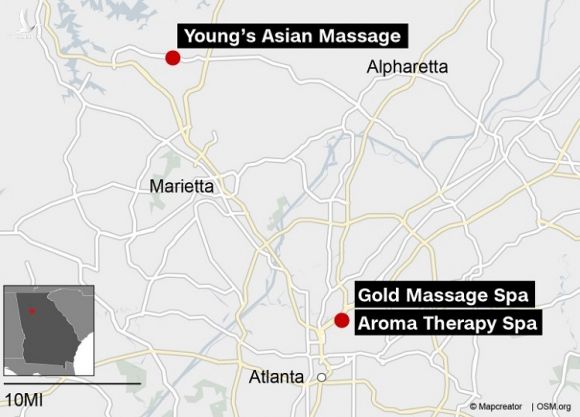 Vị trí xảy ra các vụ xả súng ở bang Georgia, Mỹ hôm 16/3. Đồ họa: CNN.