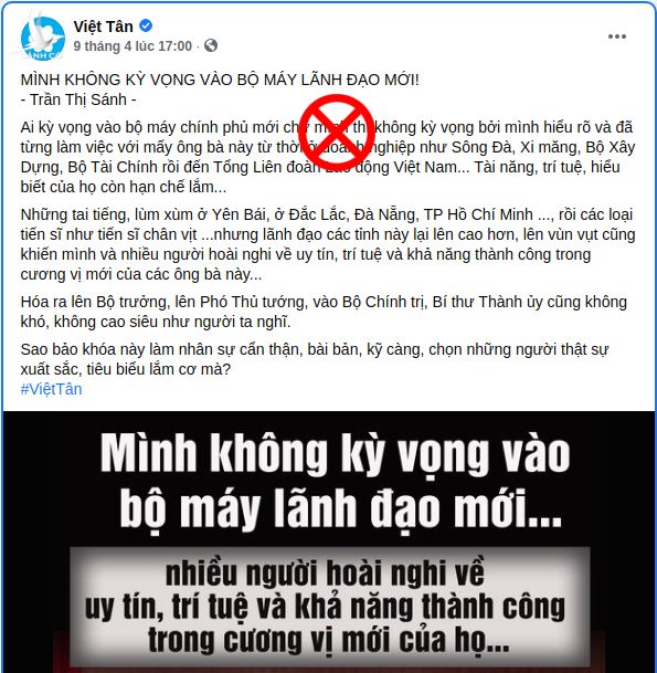 Việt Tân cổ súy cho Trần Thị Sánh khi đăng tải bài viết "mình không kỳ vọng vào bộ máy Chính phủ mới"