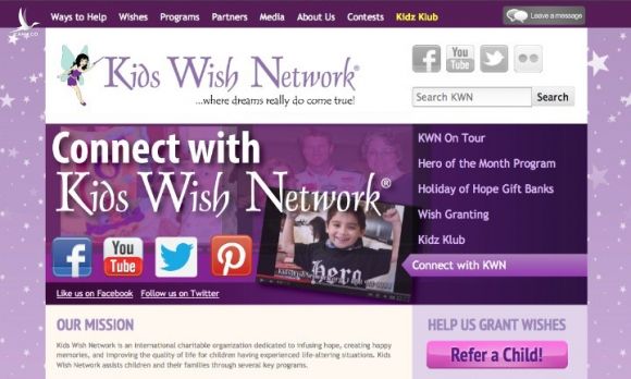 Ảnh chụp trang web của tổ chức từ thiện Kids Wish Network năm 2013. Ảnh: CNN.