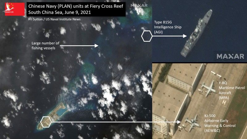 Hình ảnh vệ tinh chụp được trên đá Chữ Thập ngày 9/6 cho thấy sự xuất hiện của 1 tàu thu thập thông tin tình báo Type 815G.