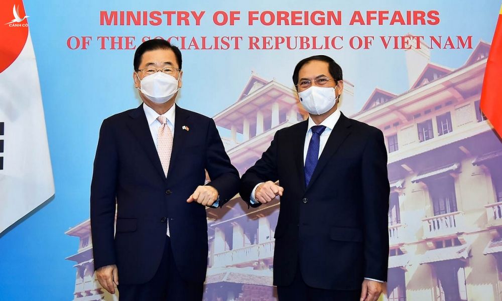 Ngoại trưởng Chung Eui-yong (trái) và Bộ trưởng Bùi Thanh Sơn trong cuộc gặp ngày 23/6. Ảnh: Báo Quốc tế.