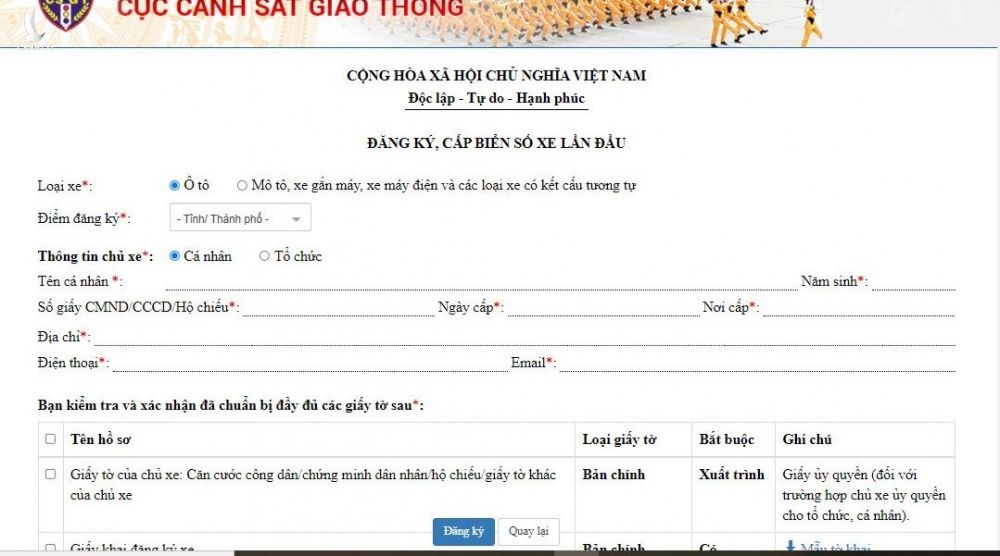 Giao diện đăng ký cấp biển số xe lần đầu. Ảnh: Cục Cảnh sát giao thông
