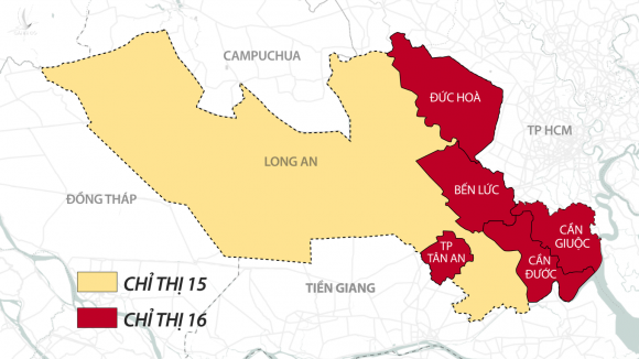 Các địa phương giãn cách xã hội theo Chỉ thị 15 và 16 ở Long An. Đồ hoạ: Thanh Nhàn