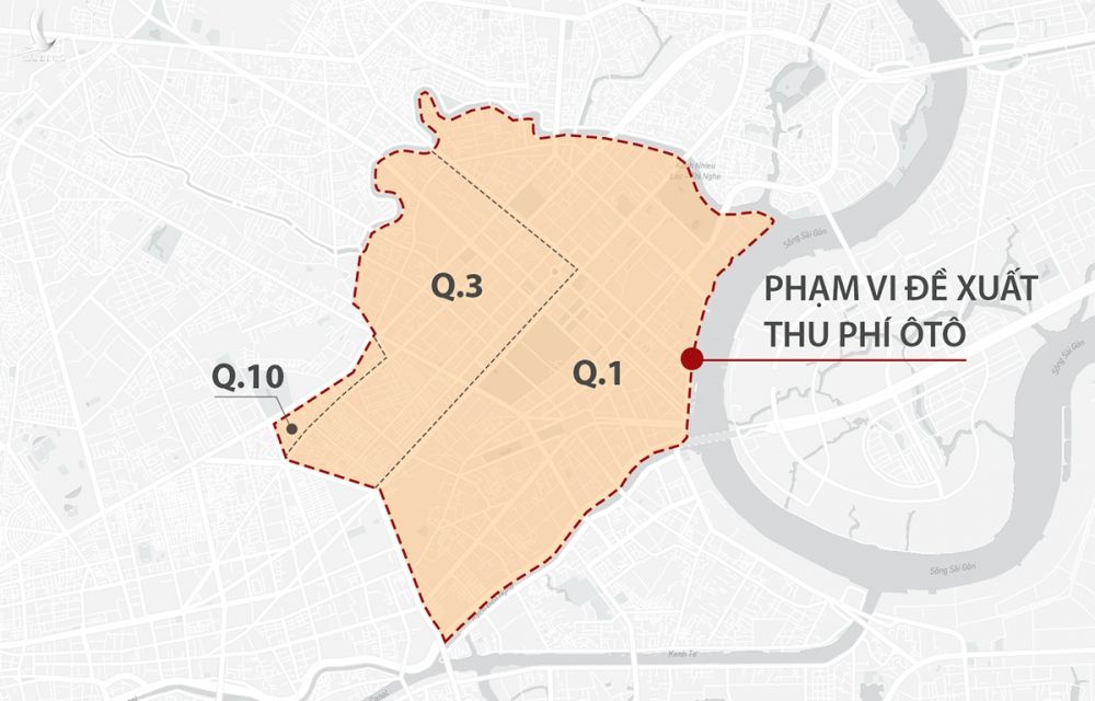 Phạm vi đề xuất thu phí ôtô vào quận 1, 3 và một phần quận 10. Đồ hoạ: Khánh Hoàng