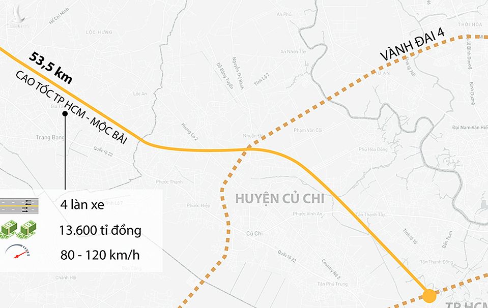 Sơ đồ hướng tuyến cao tốc TP HCM - Mộc Bài. Đồ hoạ: Khánh Hoàng