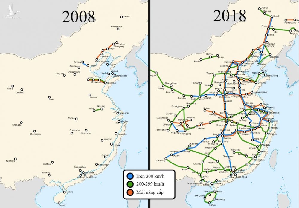 Mạng lưới đường sắt cao tốc Trung Quốc năm 2008 và 2018. Ảnh: Wikipedia.