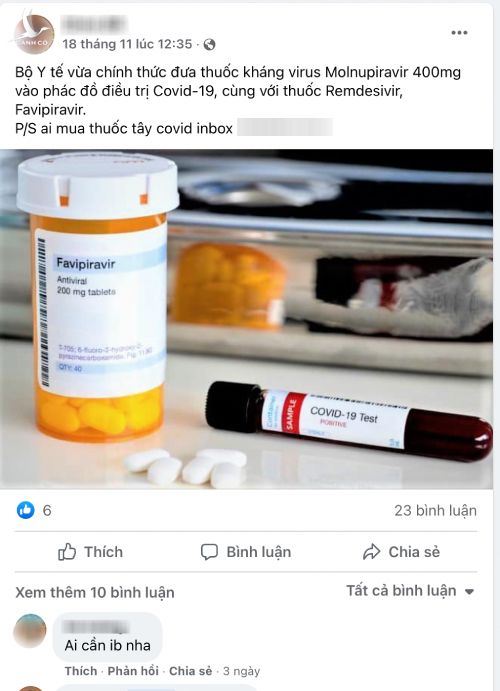 Một bài đăng công khai chào mời mua thuốc kháng virus trên mạng xã hội. Ảnh chụp màn hình