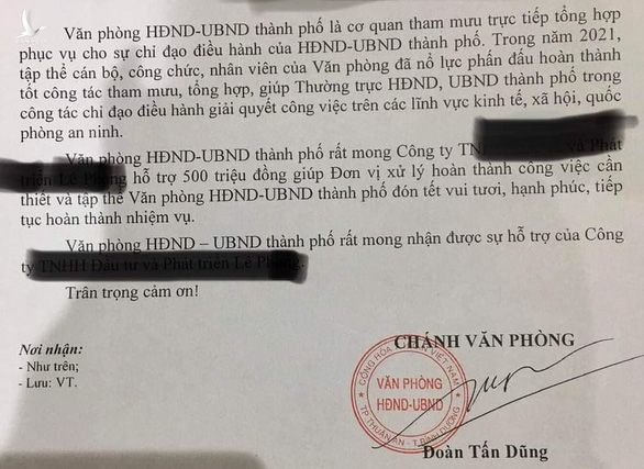 Văn phòng UBND thành phố Thuận An xin doanh nghiệp 500 triệu để đón Tết? - Ảnh 1.