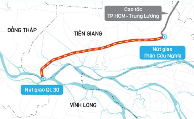 Cao tốc Trung Lương - Mỹ Thuận đi qua 5 huyện của tỉnh Tiền Giang. Đồ hoạ: Bộ Giao thông Vận tải