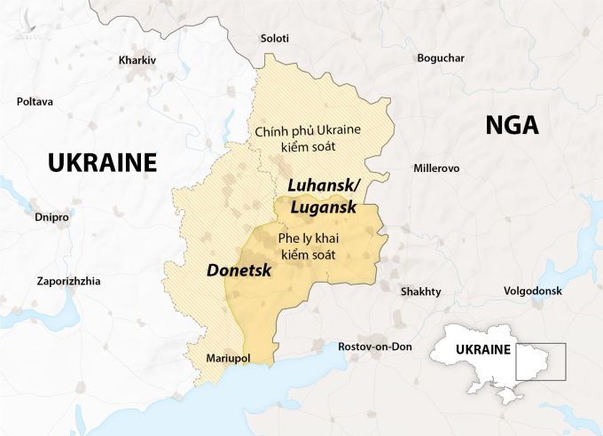 Khu vực chính phủ và phe ly khai kiểm soát ở miền đông Ukraine. Đồ họa: NY Times.