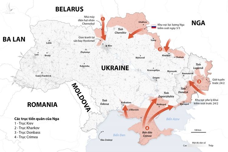 4 trục tiến quân của Nga tại Ukraine. Bấm vào ảnh để xem chi tiết