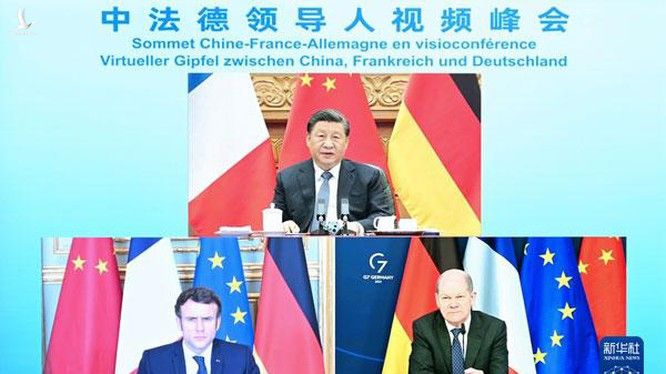 Hôm 8/3, các nhà lãnh đạo Trung Quốc , Pháp và Đức đã có cuộc họp trực tuyến về cuộc khủng hoảng Nga-Ukraine (Ảnh: Xinhua).