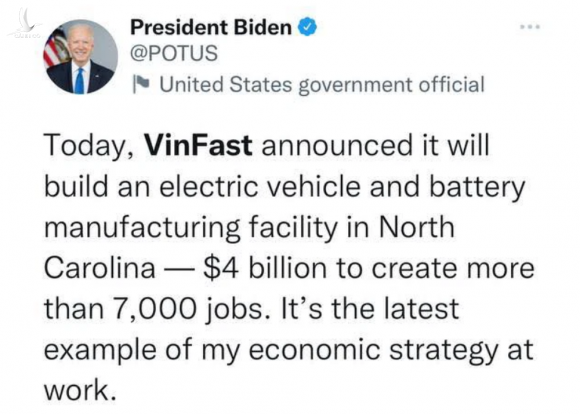 Tổng thống Mỹ Joe Biden chúc mừng VinFast xây nhà máy 4 tỷ USD tại Mỹ - Ảnh 1.