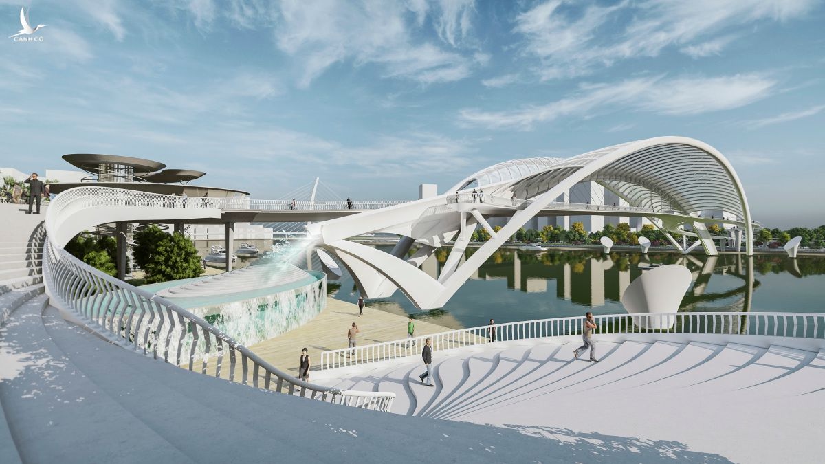 Thác nước tuần hoàn được thiết kế trên cầu đi bộ. Phương án này được Sở Quy hoạch và Kiến trúc TP HCM đánh giá phù hợp với thiết kế ở quảng trường trung tâm Thủ Thiêm.