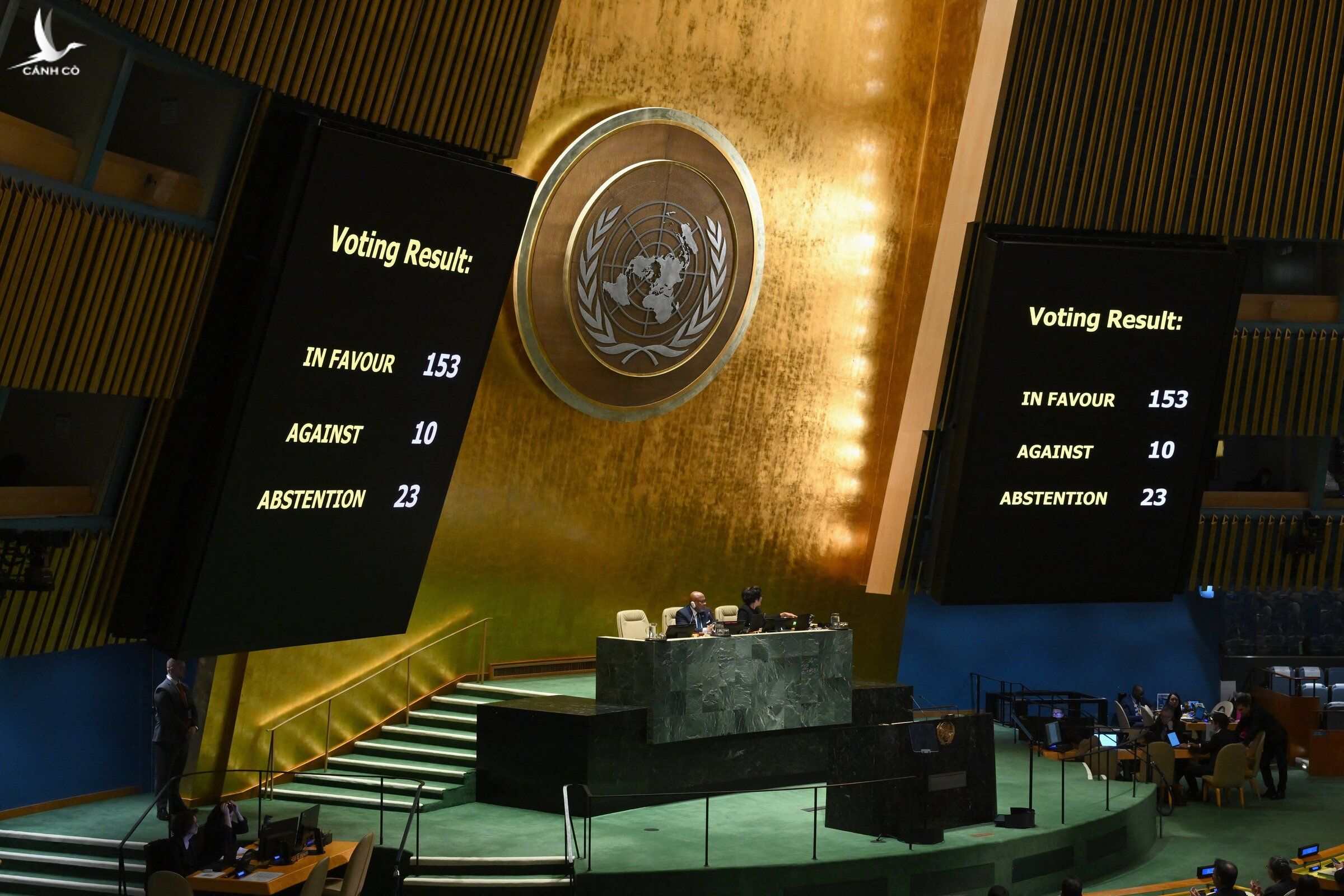Ảnh: AFPĐại Hội đồng Liên Hợp Quốc công bố kết quả bỏ phiếu về nghị quyết kêu gọi ngừng bắn nhân đạo ở Gaza ngày 12/12. 