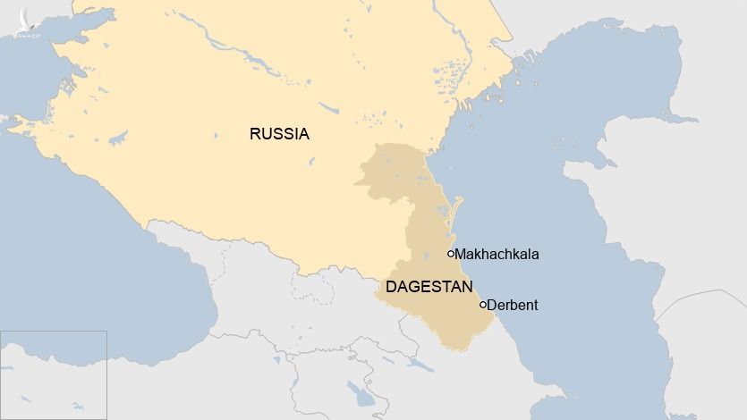 Vị trí thủ phủ Makhachkala và thành phố Derbent, Cộng hòa Dagestan thuộc Nga.