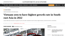 Business Times: Việt Nam sẽ có tốc độ tăng trưởng cao nhất Đông Nam Á vào năm 2022