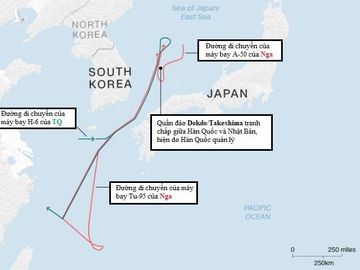 Bản đồ hướng di chuyển của máy bay Nga và Trung Quốc hôm 23/7. Nguồn: Bộ Quốc phòng Nhật Bản. 