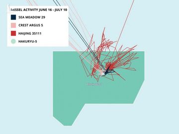 Bản đồ 5: Đường đi các tàu cho thấy tàu 35111 quấy nhiễu giàn khoan Harakyu 5 và 2 tàu tiếp tế từ ngày 16-6 đến 10-7 - Nguồn: AMTI