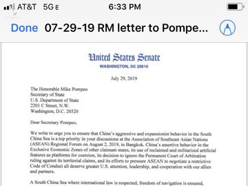 Nội dung bức thư 4 thượng nghị sĩ Mỹ gửi Ngoại trưởng Pompeo - Ảnh: Twitter