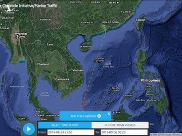 Ảnh 1: Dữ liệu AIS cho thấy Tàu 3308 đã rời cảng ở Quảng Châu ngày 24/8, tắt AIS trên suốt dọc đường đi. Tín hiệu AIS tiếp theo và duy nhất thu nhận được từ tàu 3308 là vào ngày 4/9/2019, cho thấy tàu hiện diện ở khu vực gần lô 06.1 và Bãi Tư Chính.