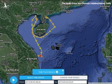 Ảnh 2: Sơ đồ đường đi của tàu Lam Kình từ ngày 5/8 tới ngày 3/9/2019 (Nguồn: Dự án Đại Sự Ký Biển Đông/Marine Traffic).