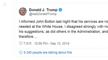 [NÓNG] TT Trump bất ngờ sa thải cố vấn an ninh Mỹ John Bolton, ông Bolton vội thanh minh - Ảnh 1.