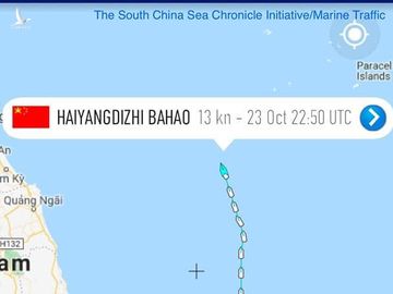 Lúc 6 h sáng nay(24/10) Tàu Hải Dương Địa chất 8 đang ở ngang Quảng Nam với tốc độ di chuyển khá nhanh.