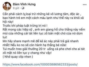 Kích động vụ cha đánh con, Facebook Đàm Vĩnh Hưng có thể bị xử hình sự