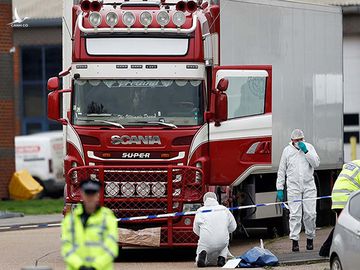 The scene where bodies were discovered in a lorry container, in Grays, Essex