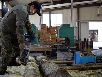 Công nhân cưa gỗ trong nhà máy ở Tuy Phân Hà, thành phố biên giới Trung - Nga, hôm 15/4. Ảnh: Reuters.