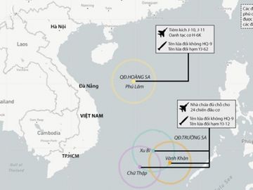 Sơ đồ về việc Trung Quốc triển khai vũ khí ở các đảo, bãi đá trên Biển Đông /// Đồ họa: Hoàng Đình - AMTI