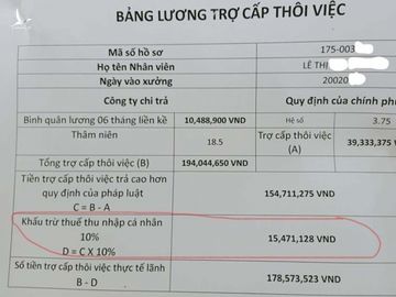 Bảng trợ cấp thôi việc của một công nhân có thời gian làm việc hơn 18 năm. Ảnh: Lam Sơn.