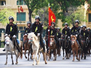 Đoàn CSCĐ Kỵ Binh phi nước kiệu và diễu hành nhiều vòng trên đường Độc Lập sáng 8/6. Ảnh: Giang Huy