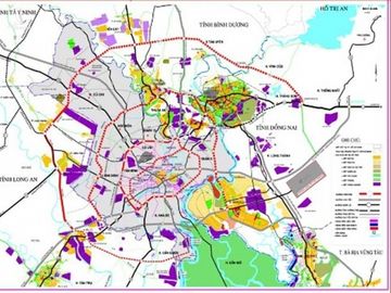 Sơ đồ quy hoạch các tuyến vành đai của TP HCM (đường viền đỏ ngoài cùng là đường vành đai 4). 