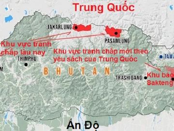 Khu vực tranh chấp lâu nay giữa Trung Quốc và Bhutan cùng khu vực tranh chấp mới theo yêu sách của Trung Quốc. Đồ họa: Strat News Global.